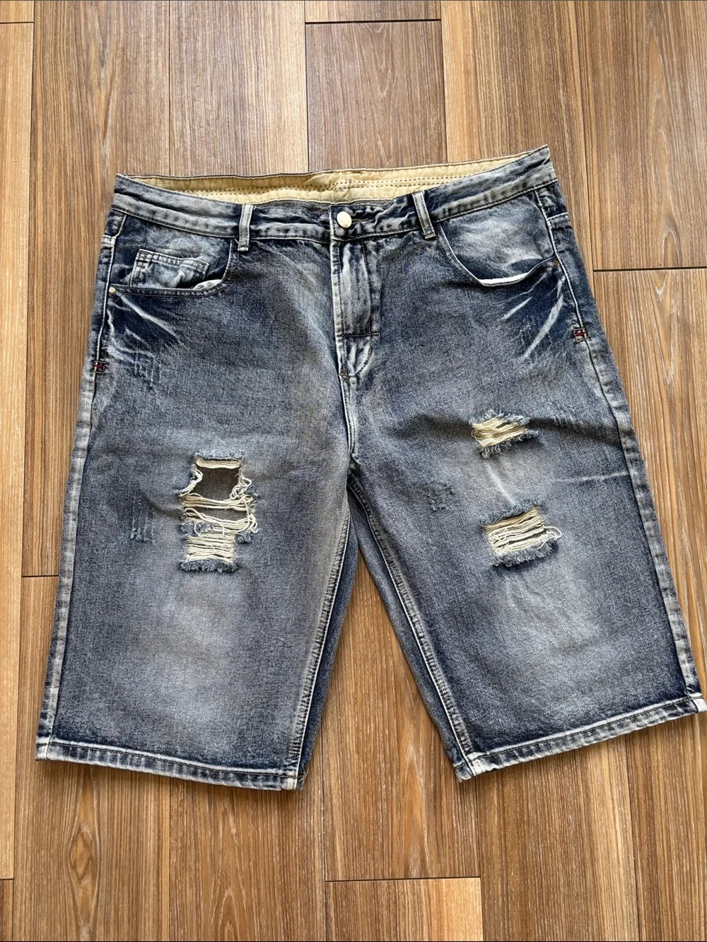 Amazon Men's Ripped Denim Shorts in Dark Blue and Light Blue Wash